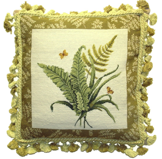 Needlepoint Hand-Embroidered Wool Throw Pillow Exquisite Home Designs  fern & 2 butterfly with 2 color tassel