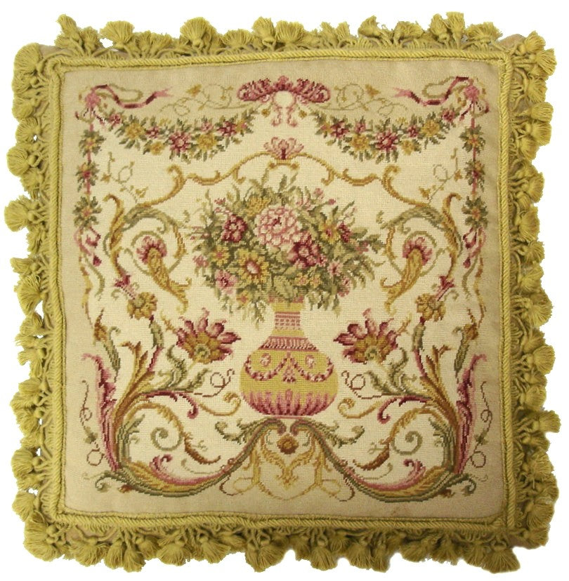 Needlepoint Hand-Embroidered Wool Throw Pillow Exquisite Home Designs All  French vase with tassles