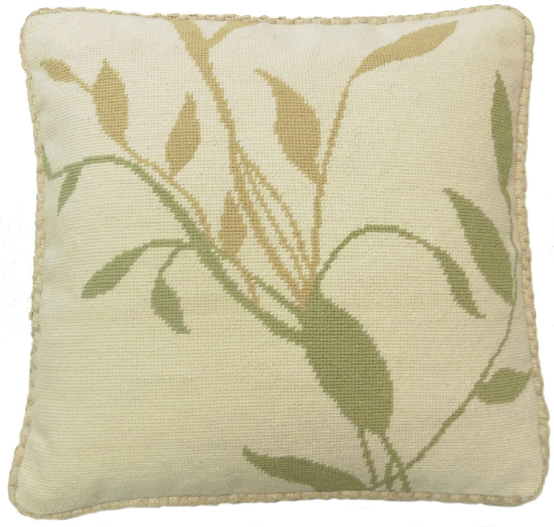 Needlepoint Hand-Embroidered Wool Throw Pillow Exquisite Home Designs green/yellow leaves off-white background with cording