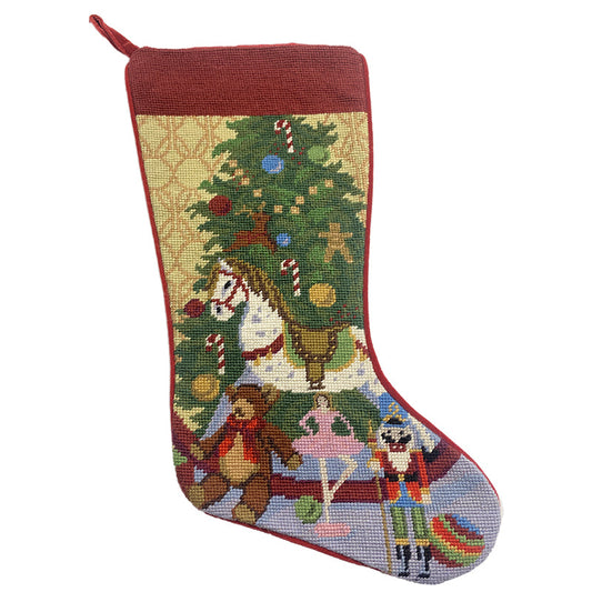 Needlepoint Hand-Embroidered Wool Stocking Exquisite Home Designs Christmas Tree Trojan horse rocking chair, tidy bear, nutcracker & ballet doll