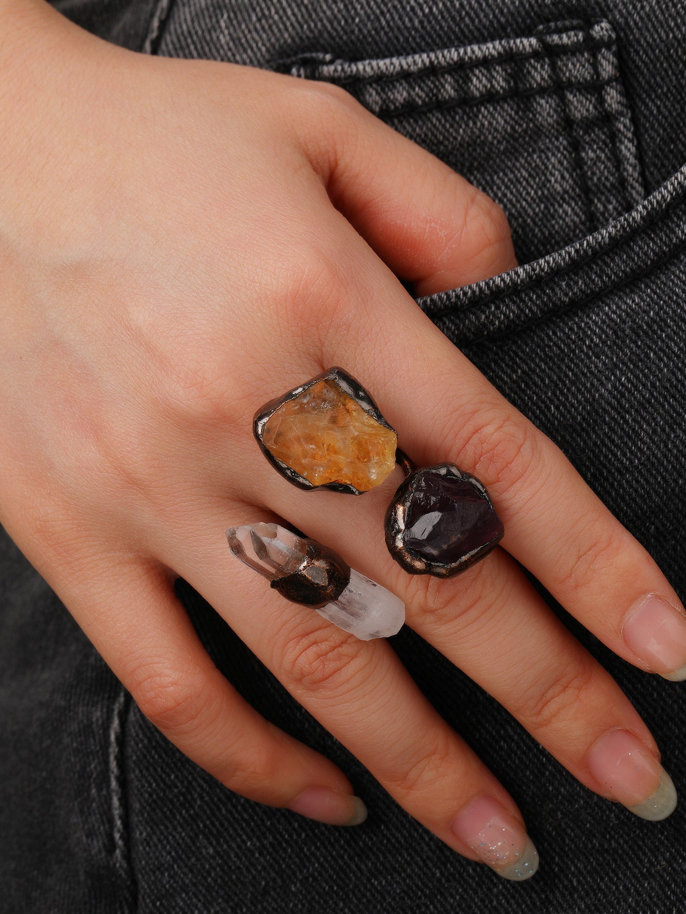 Dark Retro Niche Crystal Stone Hand-Welded Bronze Plating Women's Party Gift Punk Rock Ring